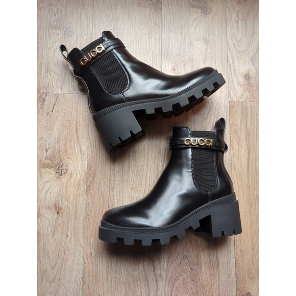 Gucci Trip Signature Logo Leather Chelsea Combat Ankle Heeled Boots Womens 38 - Picture 8 of 16